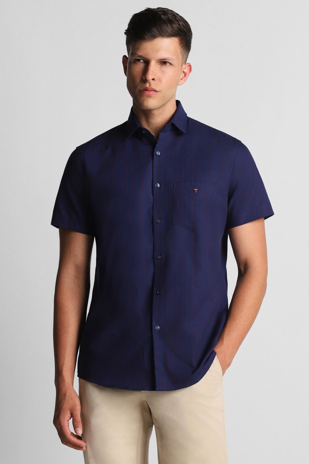 Men Navy Stripe Half Sleeves Casual Shirt-Navy