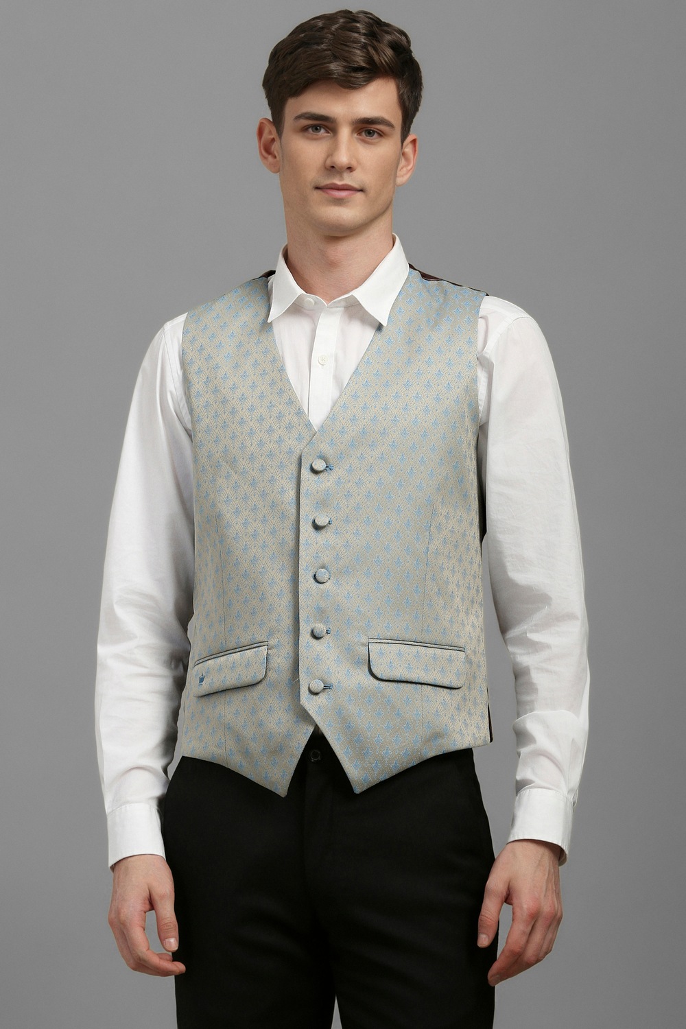Men Grey Slim Fit Print Formal Waistcoat-Grey