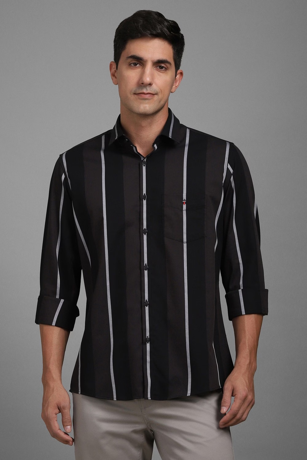Men Black Slim Fit Stripe Full Sleeves Casual Shirt-Black