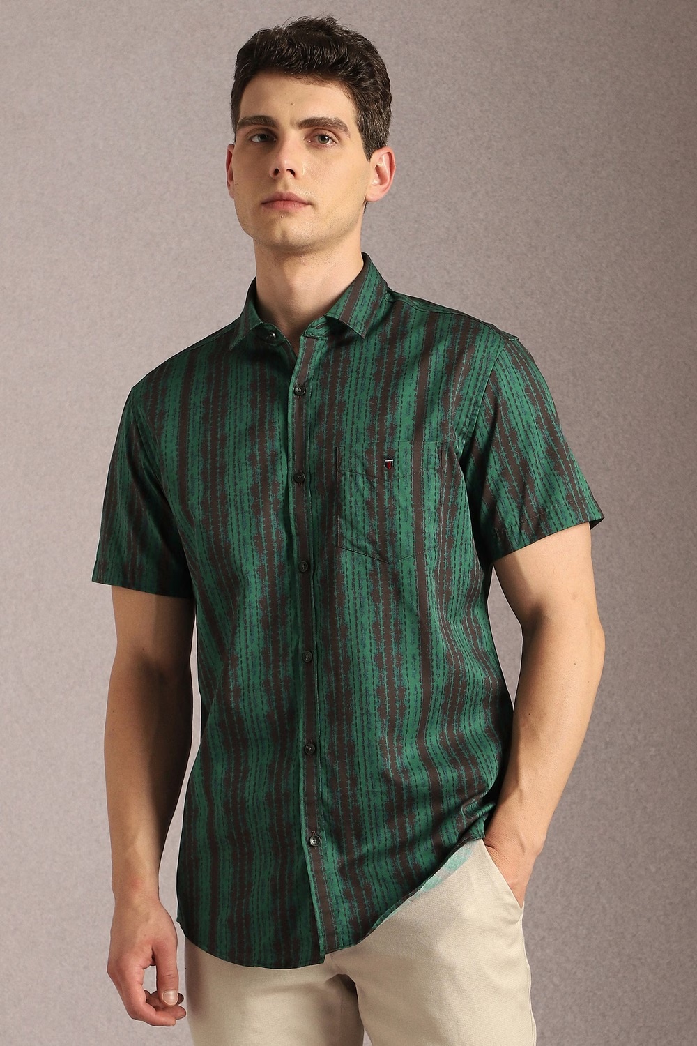 Men Green Stripe Half Sleeves Casual Shirt-Green