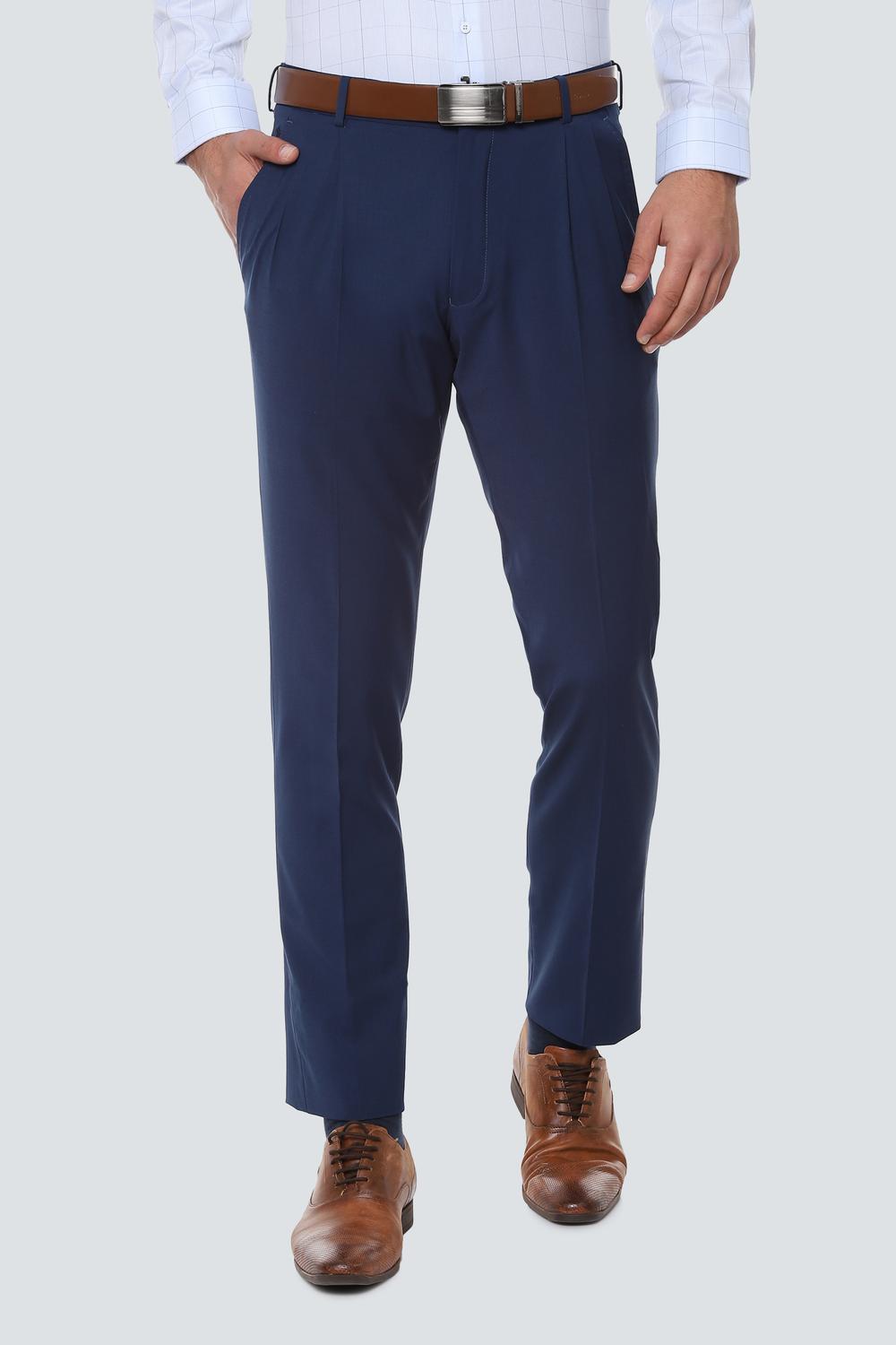 Men Navy Regular Fit Textured Pleated Formal Trousers-Navy