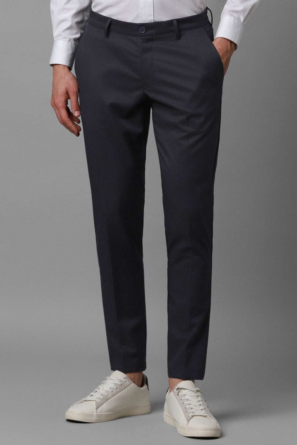 Men Navy Contemporary Fit Stripe Flat Front Casual Trousers-Navy