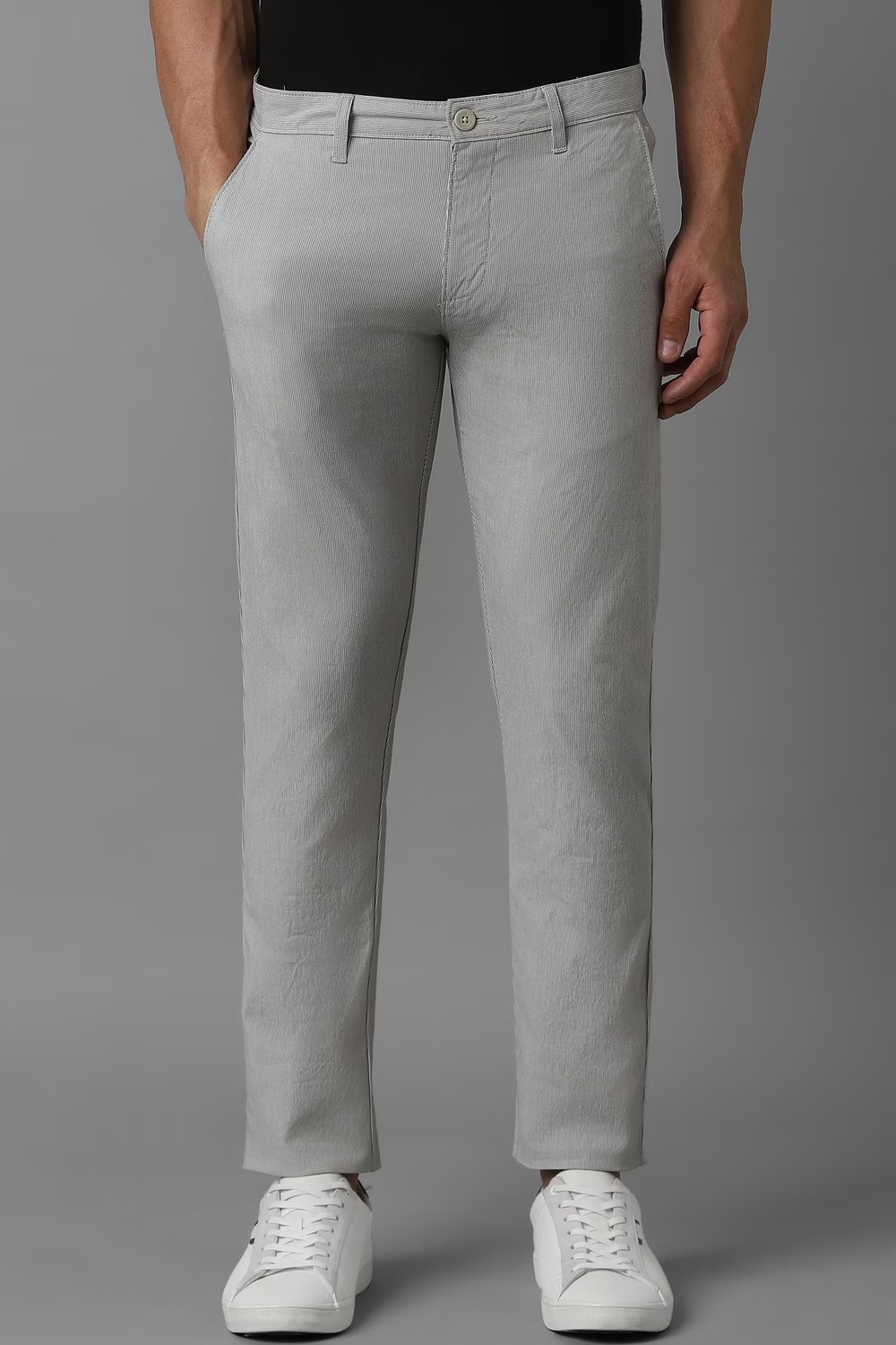 Men Grey Stripe Flat Front Casual Trousers-Grey
