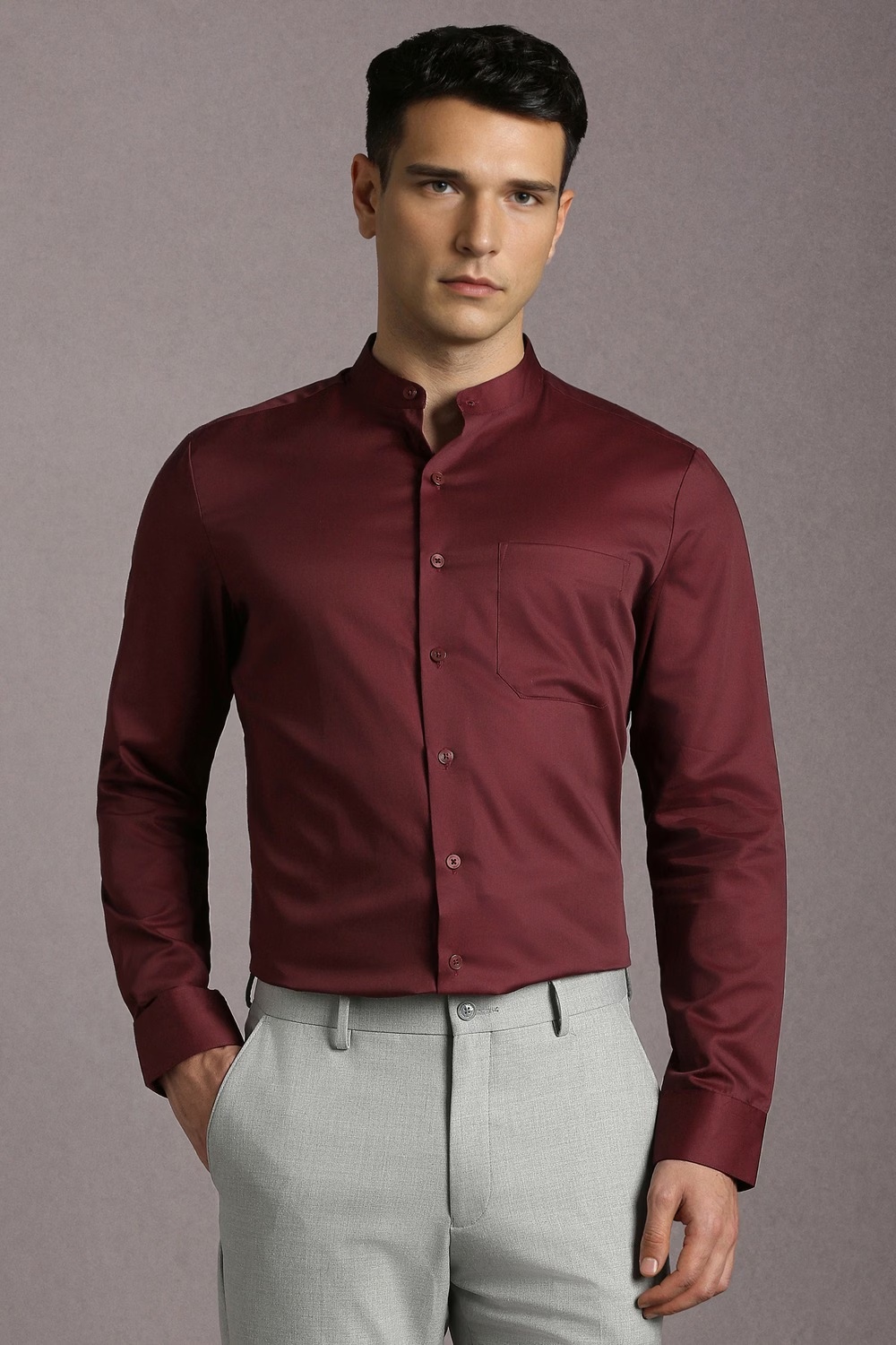 Men Maroon Solid Full Sleeves Formal Shirt-Maroon