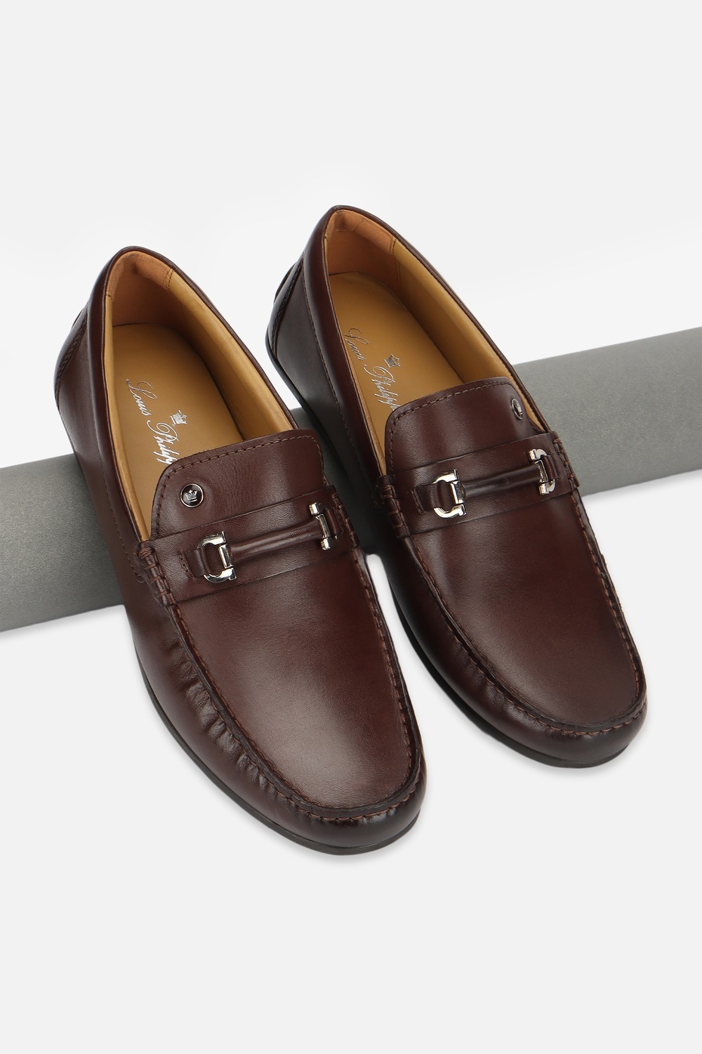 Men Brown Leather Loafers-Brown