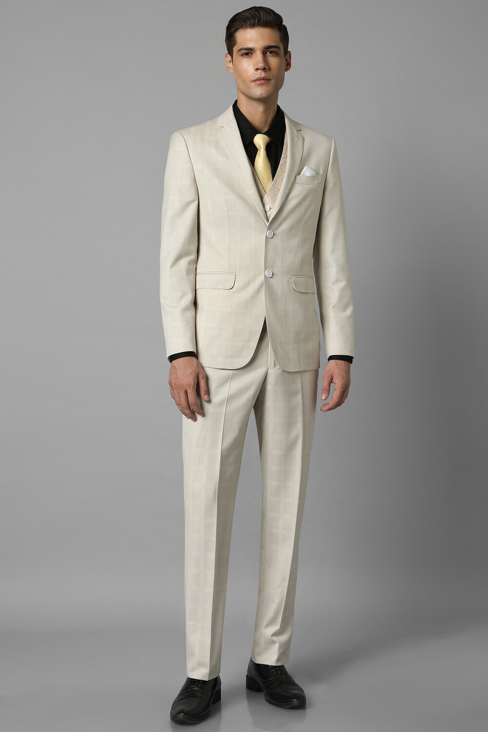 Men Beige Slim Fit Check Formal Three Piece Suit-Beige