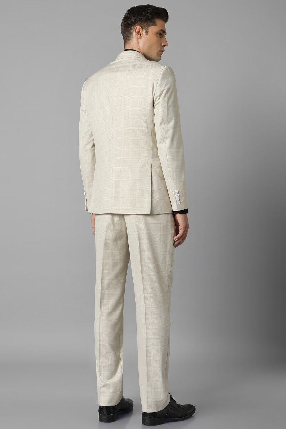 Men Beige Slim Fit Check Formal Three Piece Suit-Beige