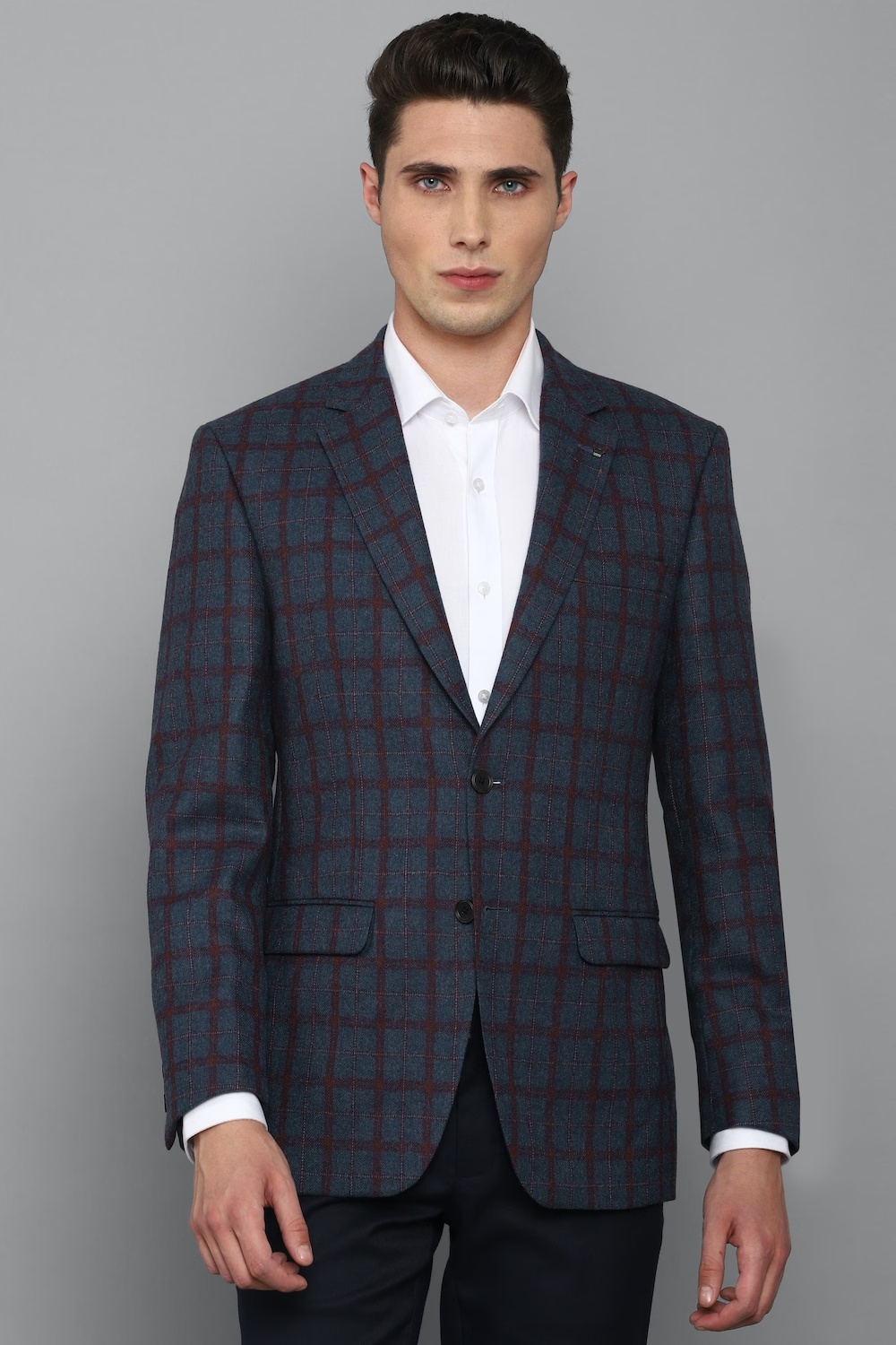 Men Navy Regular Fit Check Formal Blazer-Navy