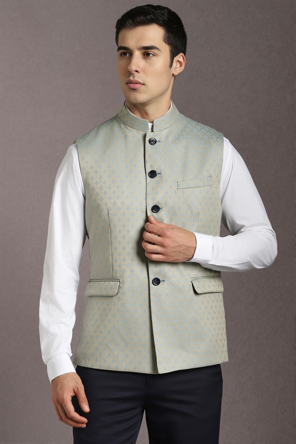 Men Beige Print Casual Nehru Jacket-Beige