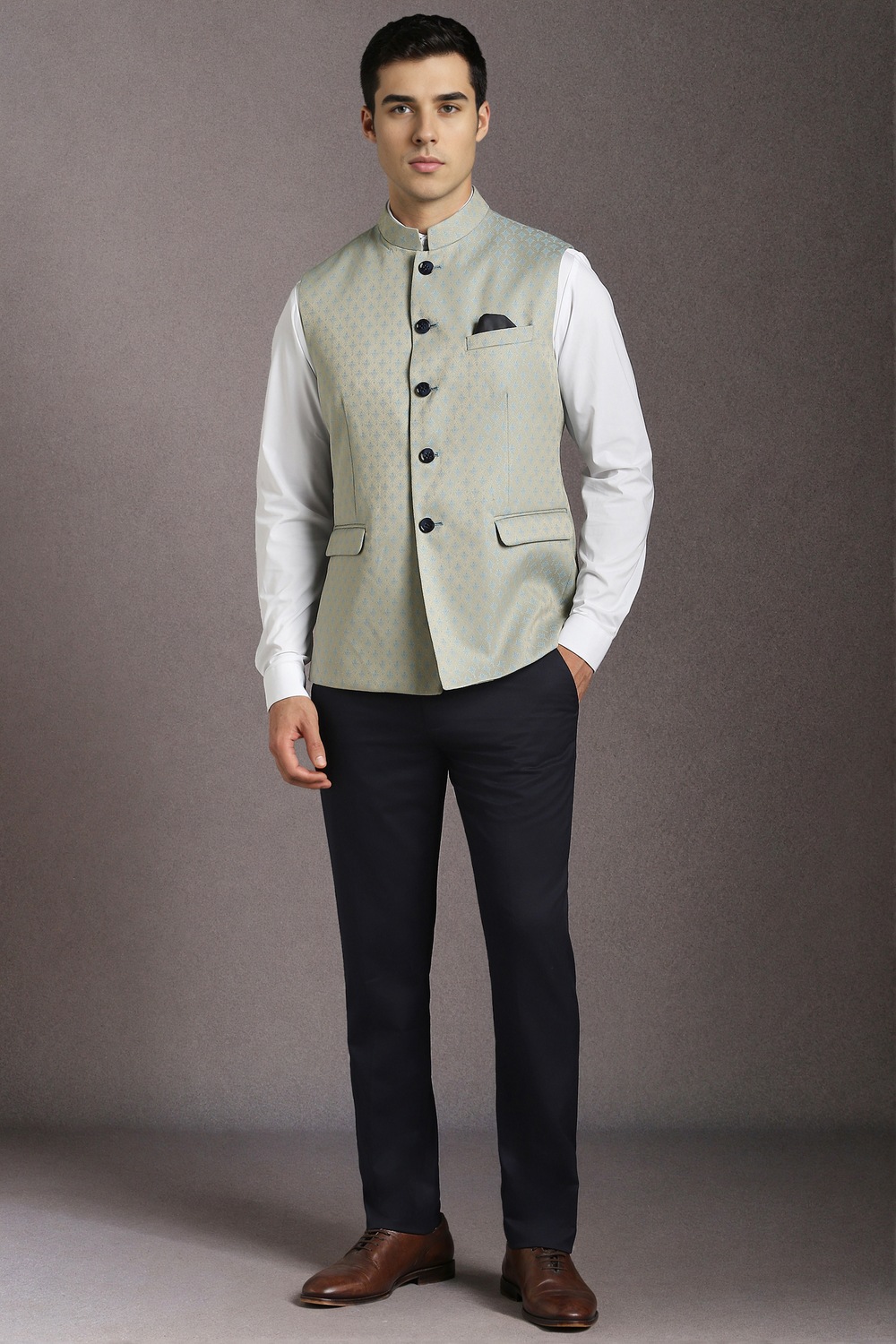Men Beige Print Casual Nehru Jacket-Beige