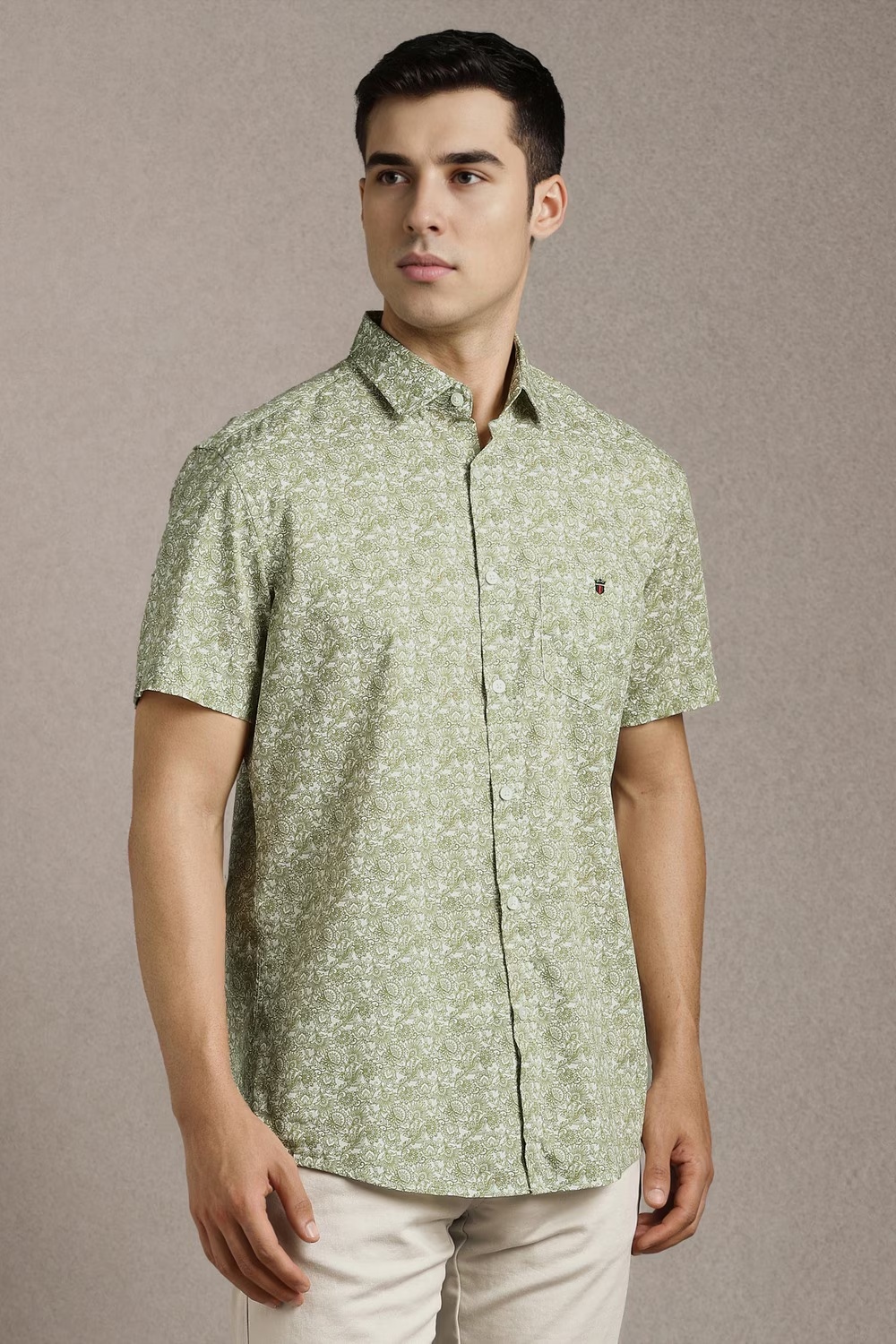 Men Light Olive Print Half Sleeves Casual Shirt-Light Olive