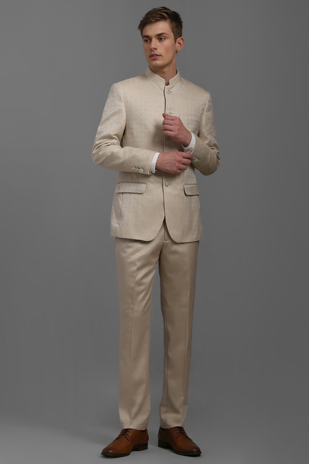 Men Beige Regular Fit Print Formal Two Piece Suit-Beige