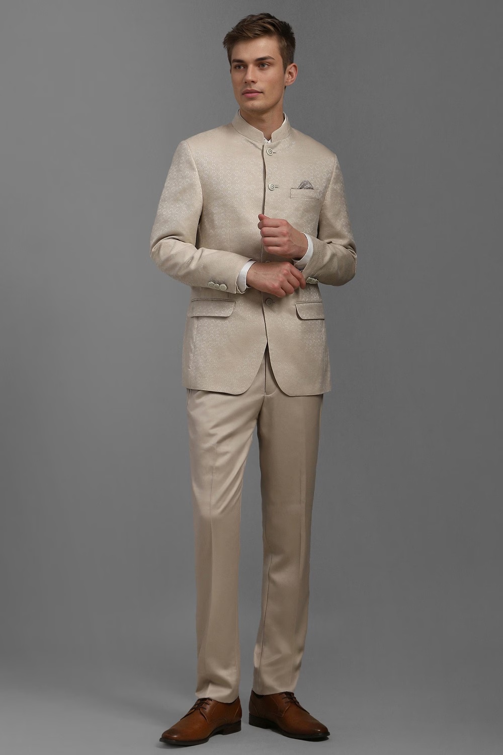 Men Beige Regular Fit Print Formal Two Piece Suit-Beige