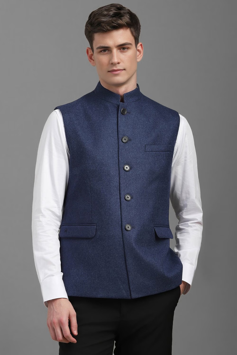 Men Navy Textured Slim Fit Casual Nehru Jacket-Navy