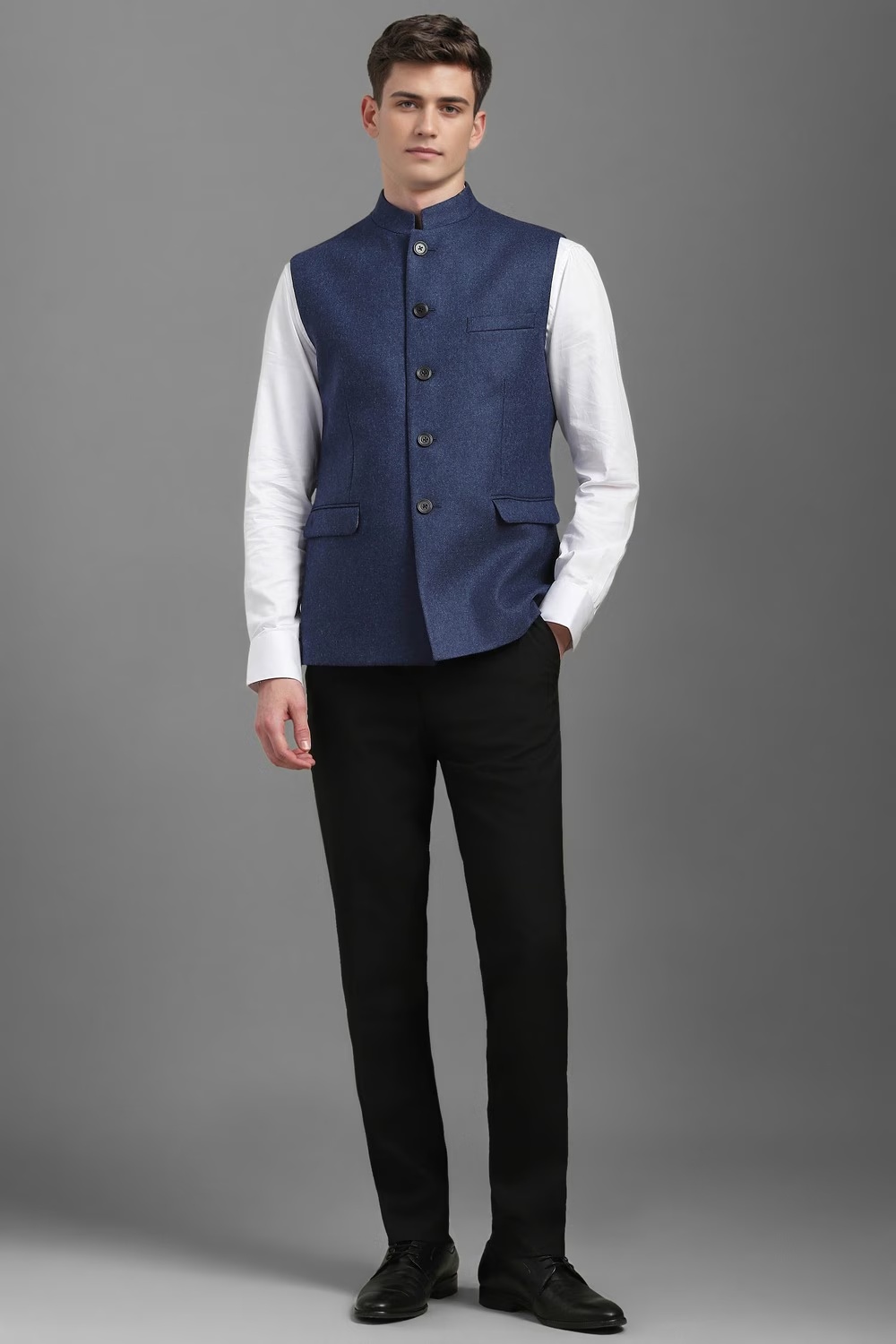 Men Navy Textured Slim Fit Casual Nehru Jacket-Navy