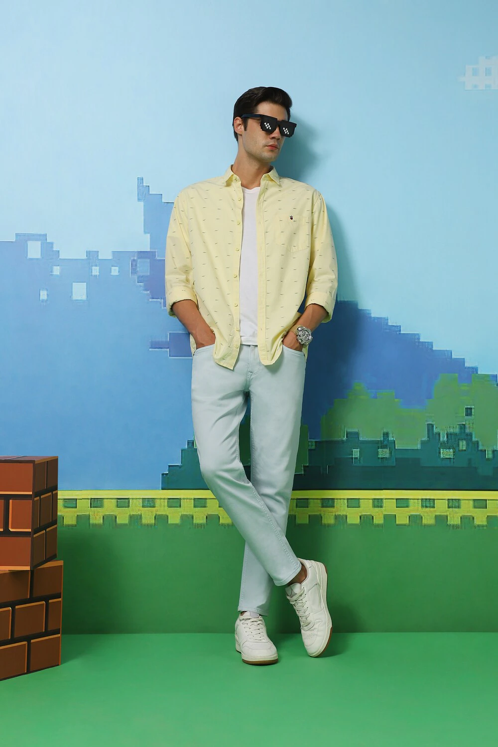 Men Yellow Slim Fit Print Full Sleeves Casual Shirt-Yellow