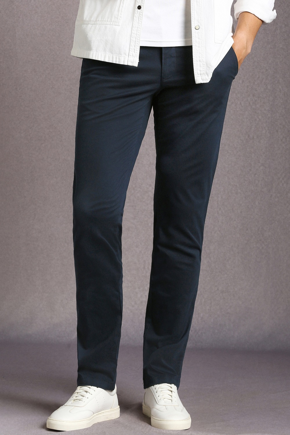 Men Navy Solid Flat Front Casual Trousers-Navy