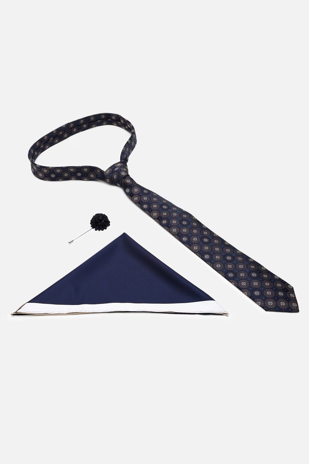 Men Navy Embroidered Tie Pocket Square And Lapel Pin-Navy