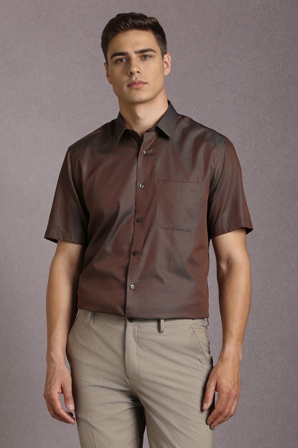 Men Brown Textured Half Sleeves Formal Shirt-Brown