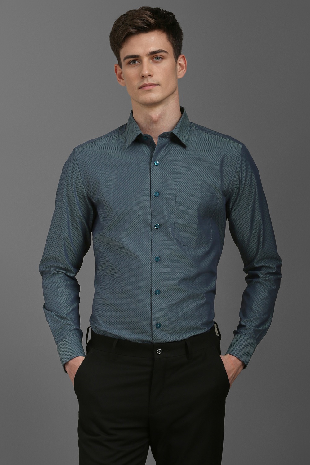 Men Green Slim Fit Print Full Sleeves Formal Shirt-Green