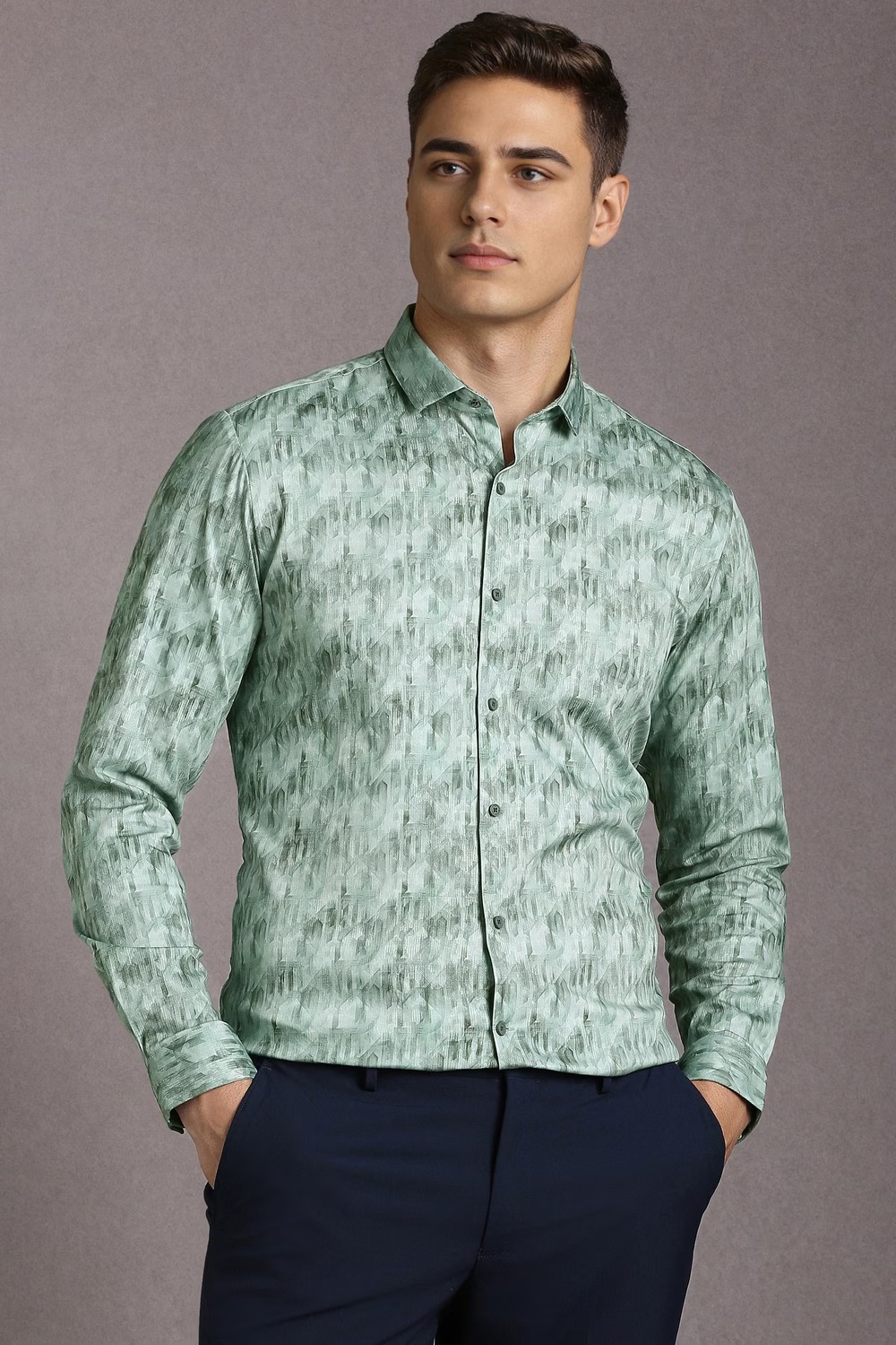 Men Green Print Full Sleeves Casual Shirt-Green