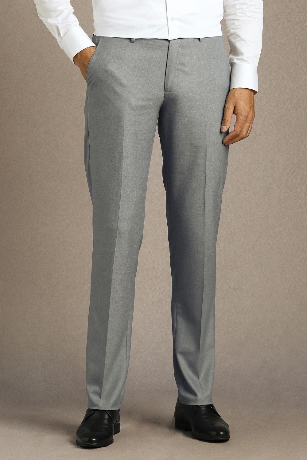 Men Grey Solid Flat Front Formal Trousers-Grey