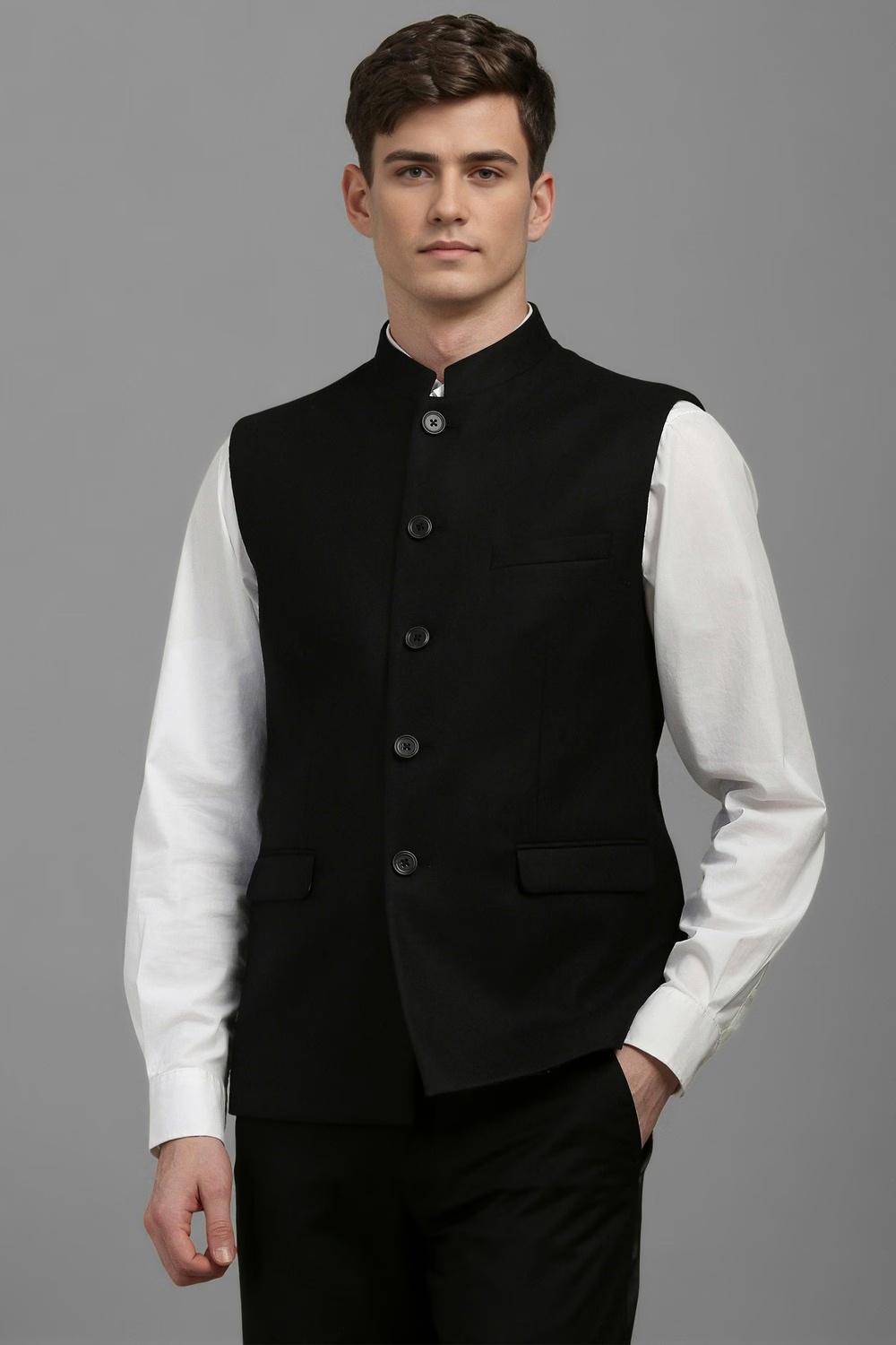 Men Black Solid Slim Fit Casual Nehru Jacket-Black