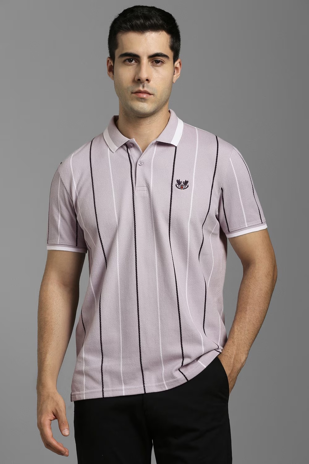 Men Lilac Stripe Polo Neck T-shirt-Lilac