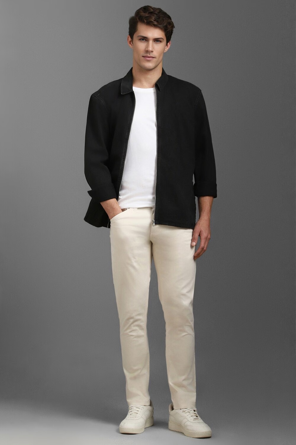 Men Beige Contemporary Fit Solid Flat Front Casual Trousers-Beige