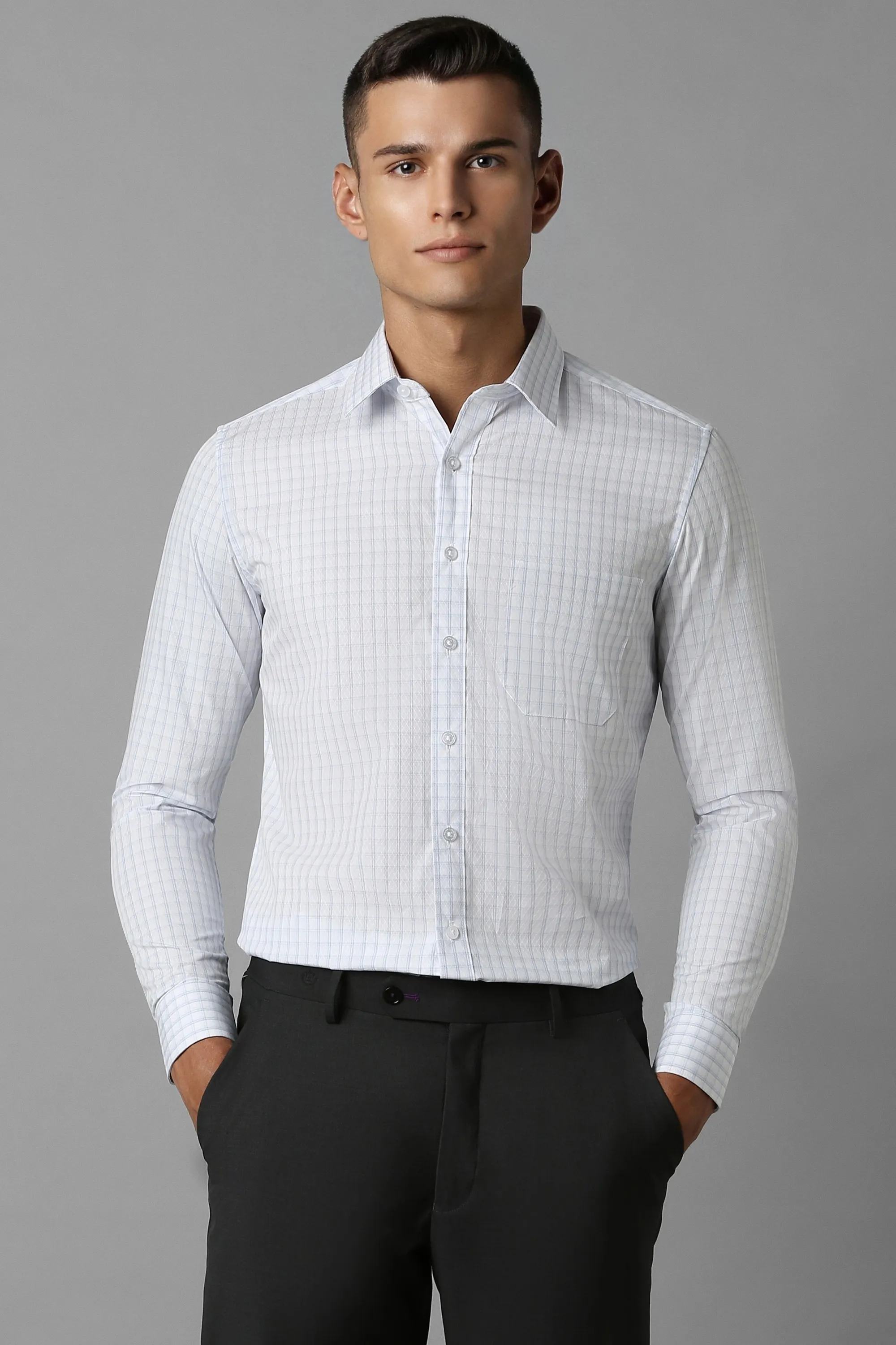 Men White Slim Fit Check Full Sleeves Formal Shirt-White