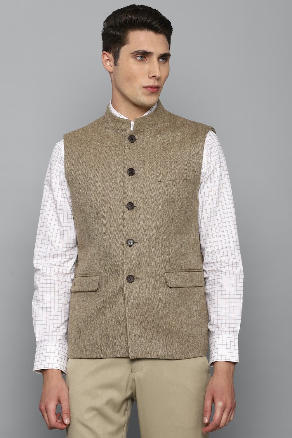 Men Khaki Textured Slim Fit Party Nehru Jacket-Khaki