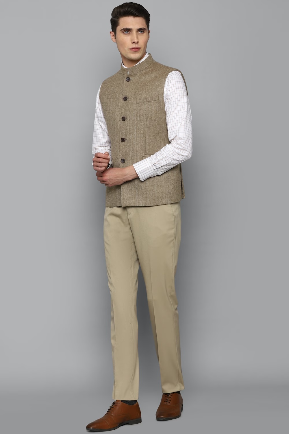 Men Khaki Textured Slim Fit Party Nehru Jacket-Khaki