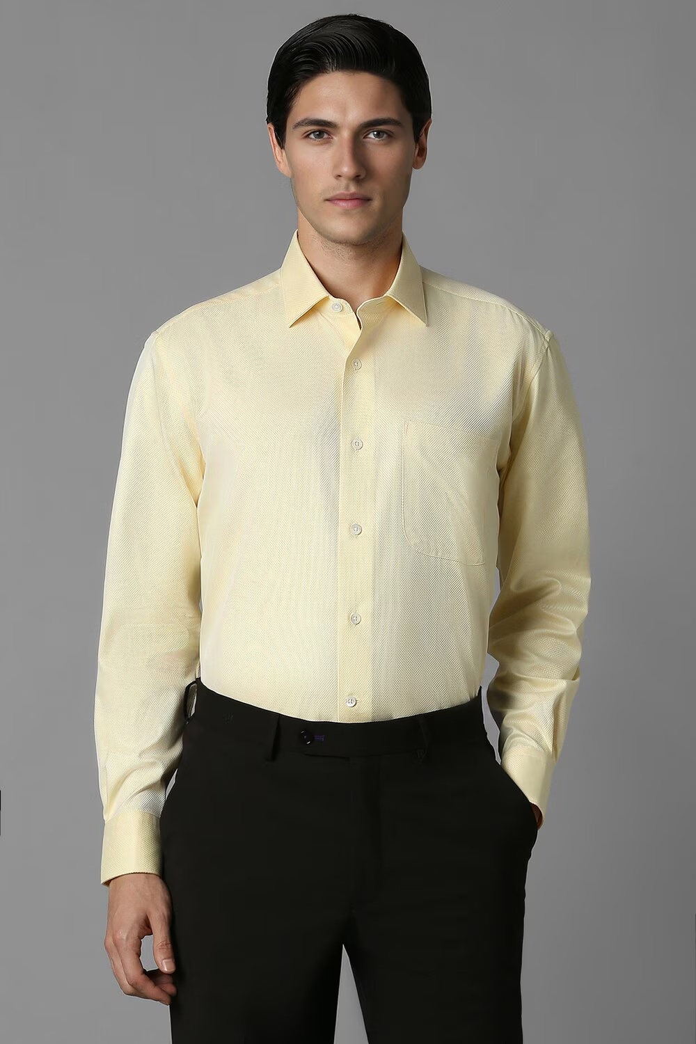 Men Yellow Classic Fit Textured Full Sleeves Formal Shirt-Yellow