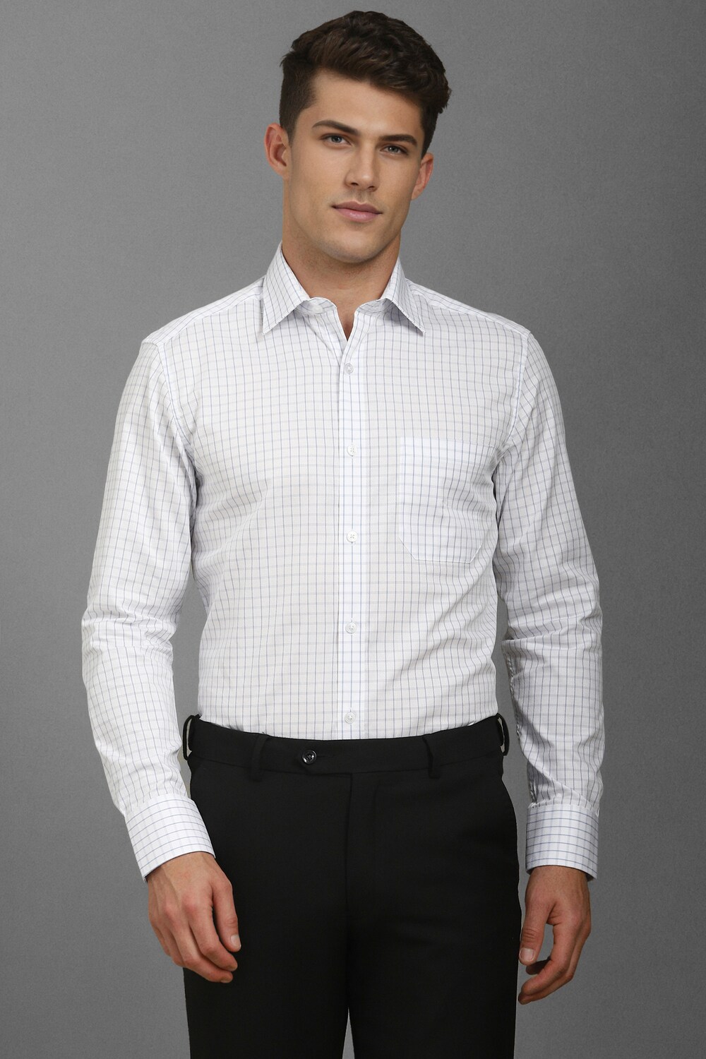 Men White Classic Fit Check Full Sleeves Formal Shirt-White