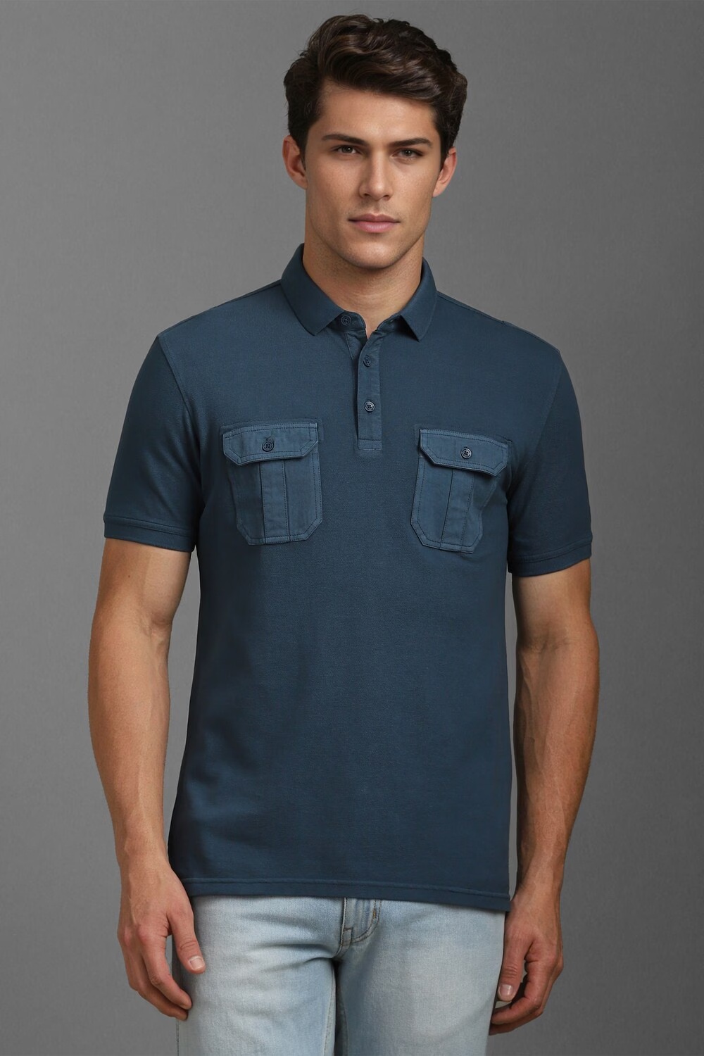 Men Navy Solid Polo Neck T-shirt-Navy