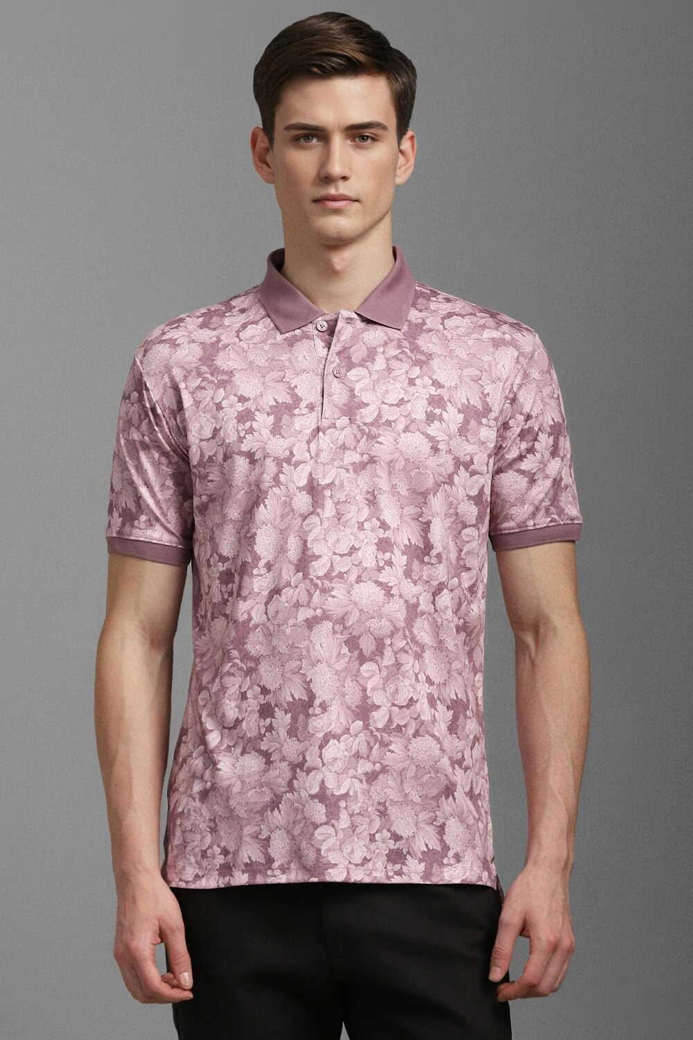 Men Purple Print Polo Neck T-shirt-Purple