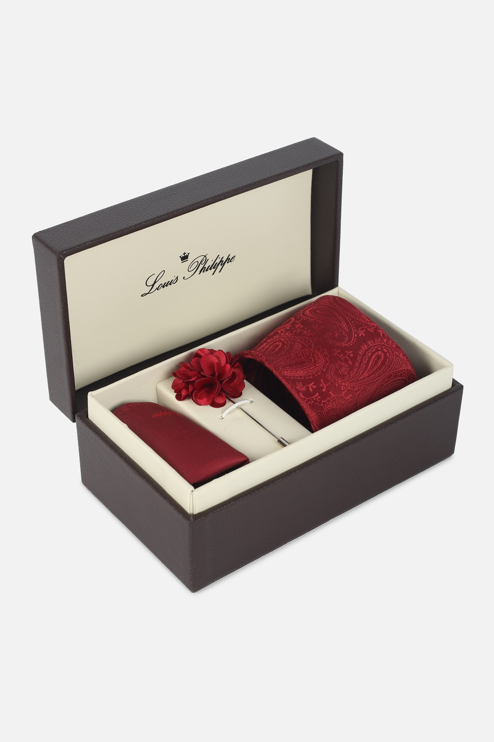 Men Red Print Tie Pocket Square And Lapel Pin-Red