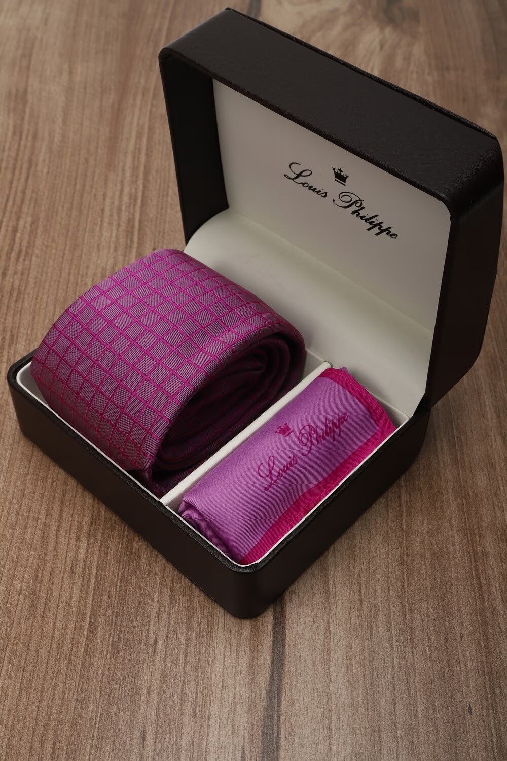 Men Pink Check Tie and Pocket Square-Pink